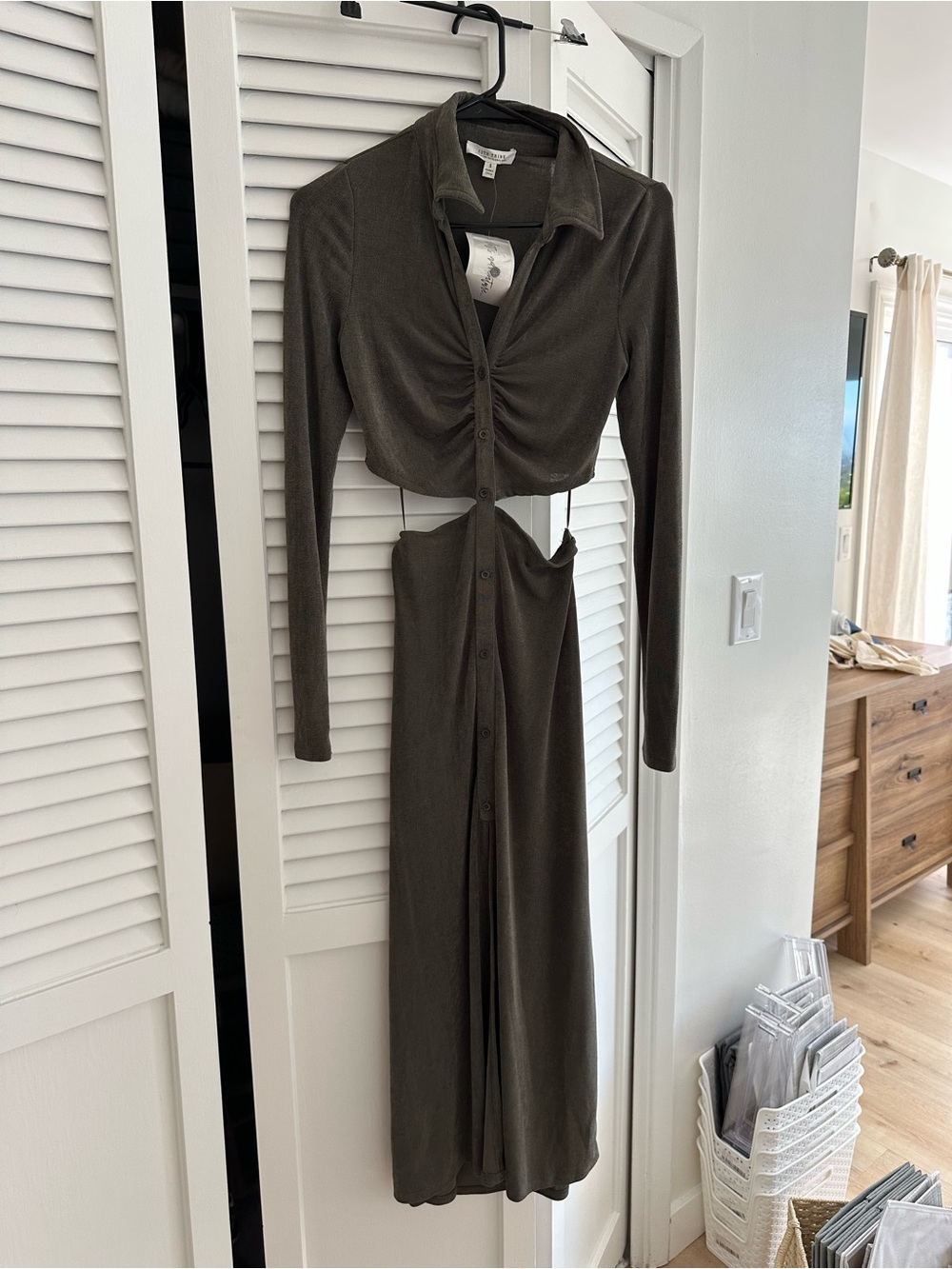 12th Tribe Olive Green Cutout Button-Front Midi Dress
